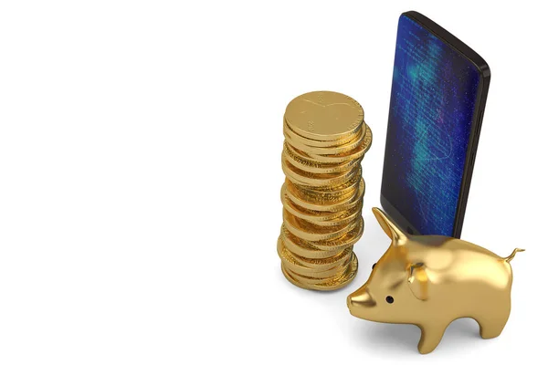 Teléfono inteligente con alcancía de oro y pila de monedas en fondo blanco.3 —  Fotos de Stock