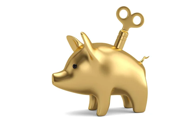 Gouden piggy met sleutel op witte background.3d afbeelding. — Stockfoto