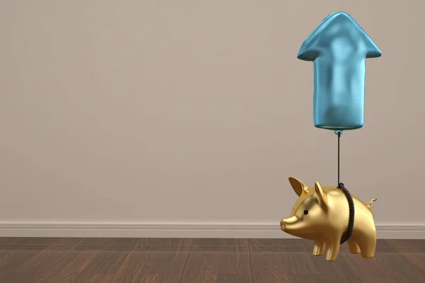 Złota świnka z strzałkę balon biały background.3d ilustracji. — Zdjęcie stockowe