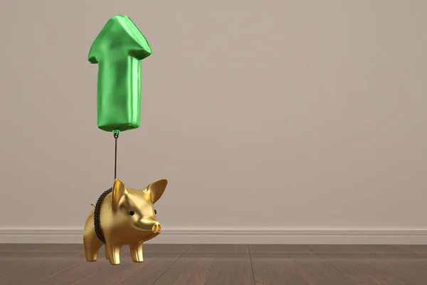 Piggy ouro com flecha balão branco background.3D ilustração . — Fotografia de Stock