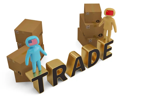 Two figure people on trade Letter and cartons 3D illustration. — Stock Photo, Image