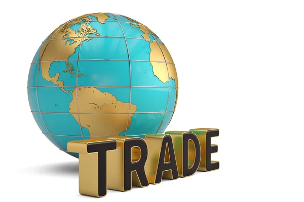 Handelswort und Globus auf weißem Hintergrund 3D-Illustration. — Stockfoto
