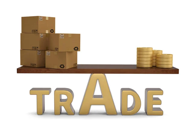 Cartons and gold coins on trade seesaw balance 3D illustration. — Stock Photo, Image