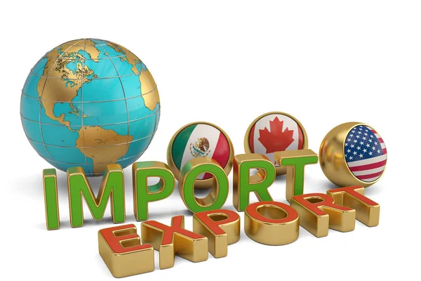Importações e exportações palavras e globo América do Norte comércio. — Fotografia de Stock