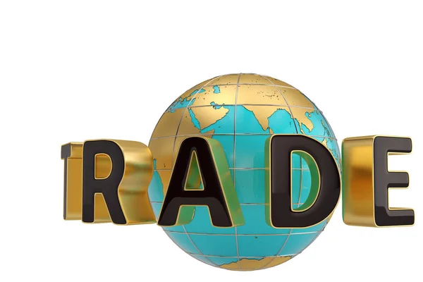 Handel word och globe på vit bakgrund 3d illustration. — Stockfoto