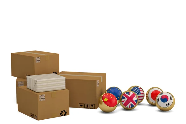 Flag gold ball and carton stacks on white background.3D illustra — Stock Photo, Image