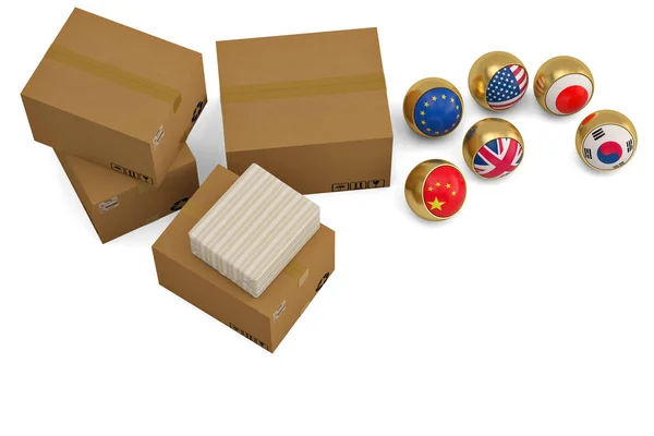 Bandiera oro palla e cartone pile su sfondo bianco.3D illustrare — Foto Stock