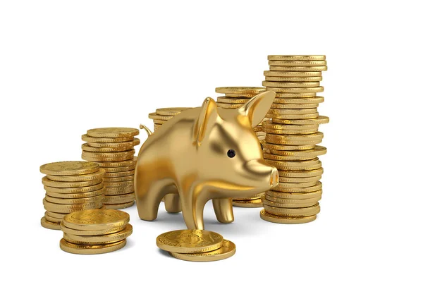 Sparschwein und Goldmünzstapel auf weißem Hintergrund 3d illustrieren — Stockfoto