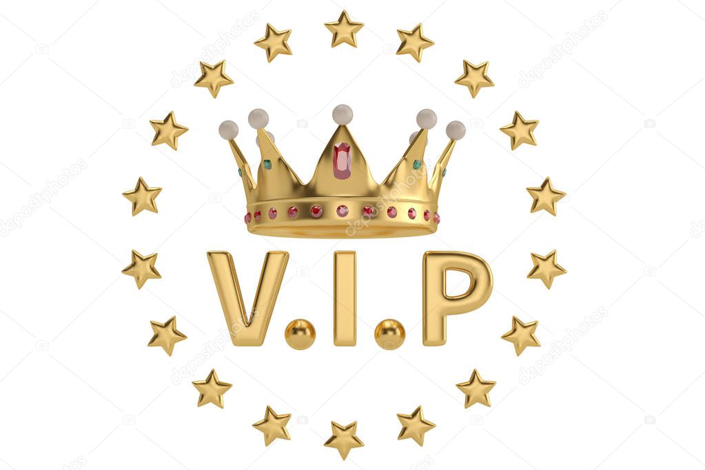 An crown with vip letter and stars on white background. 3D illus