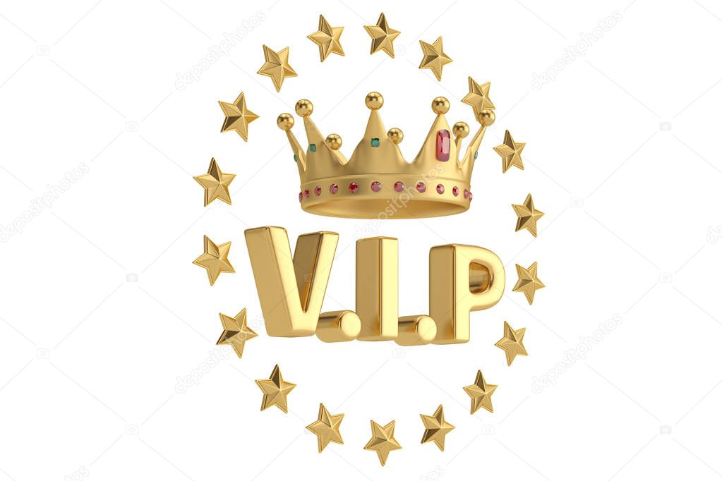 An crown with vip letter and stars on white background. 3D illus