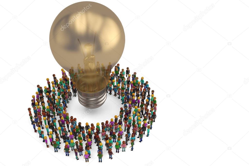 People as a circle around golden light bulb isolated on white ba