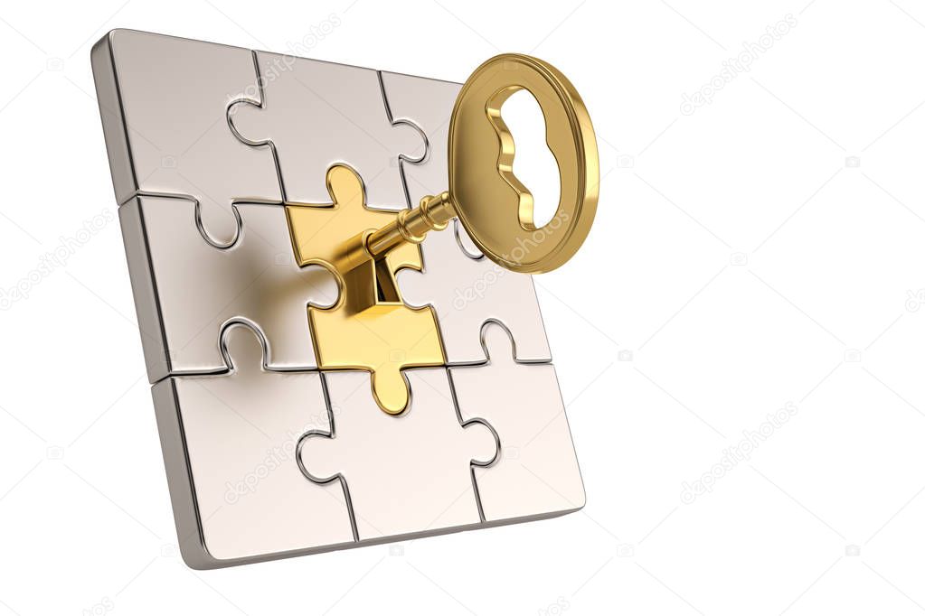 Golden key and puzzle pieces on white background.3D illustration