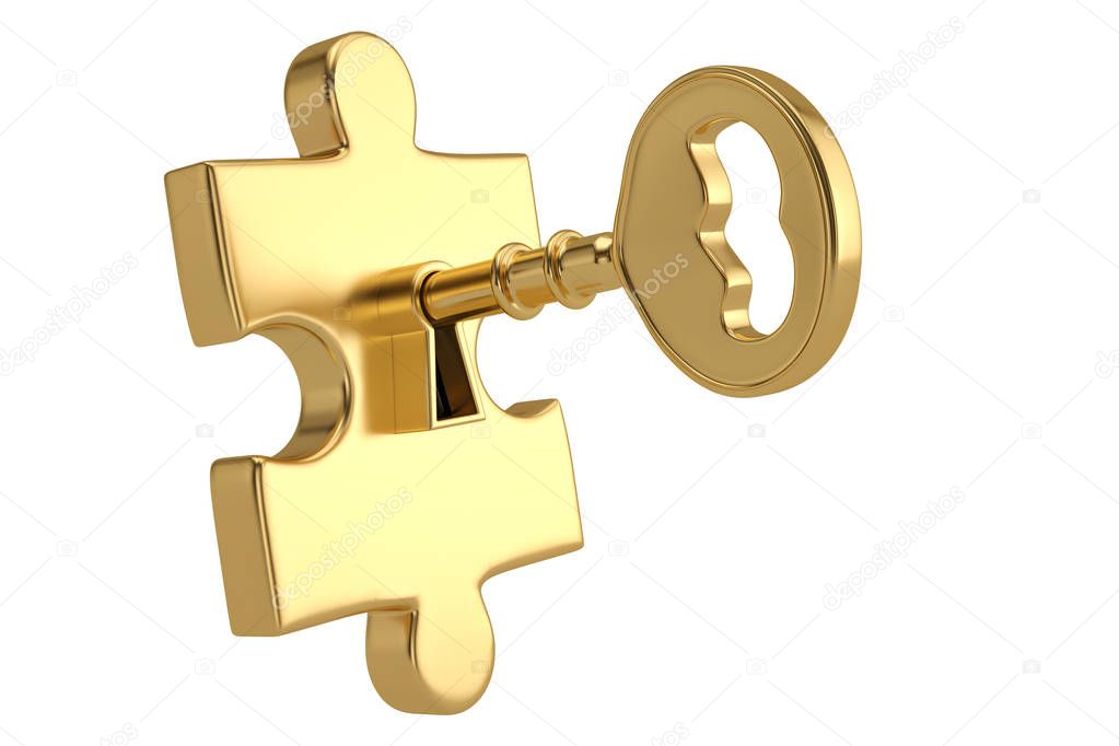 Golden key and puzzle pieces on white background.3D illustration