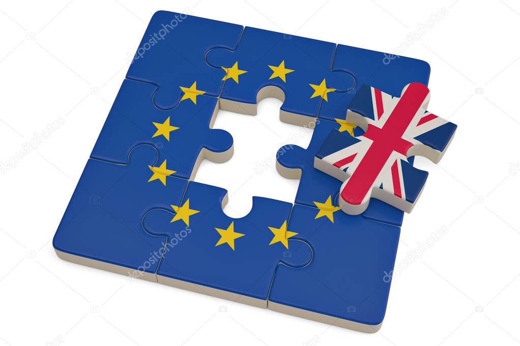 Euro puzzle and one puzzle piece with great britain flag.3D illu