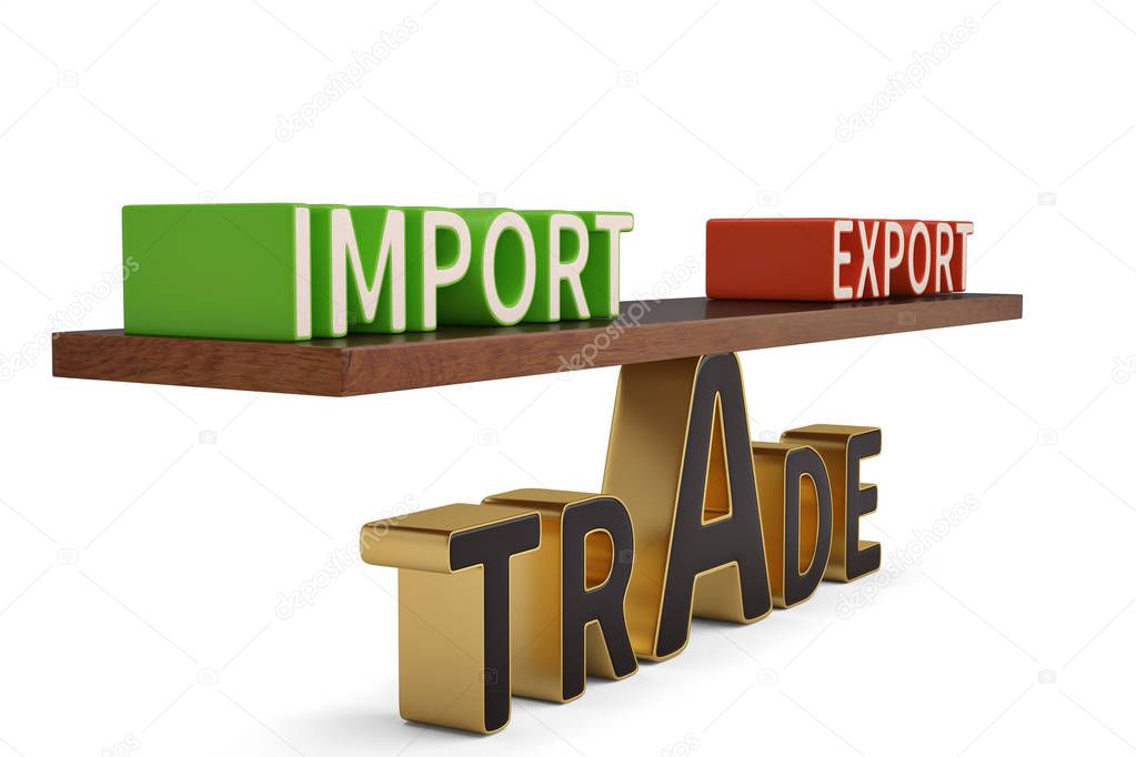 Import export trade words on seesaw.3D illustration.