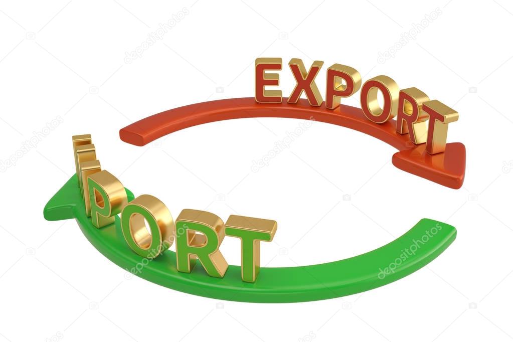 Import export words on arrow 3D illustration.