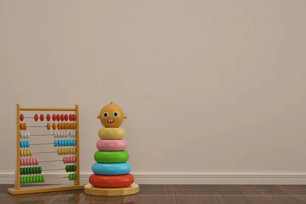 Baby toys on wooden floor 3D illustration. — Stock Photo, Image