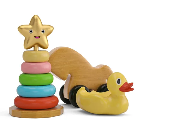 Cheval en bois et pyramide de bébé avec canard sur fond blanc 3D i — Photo