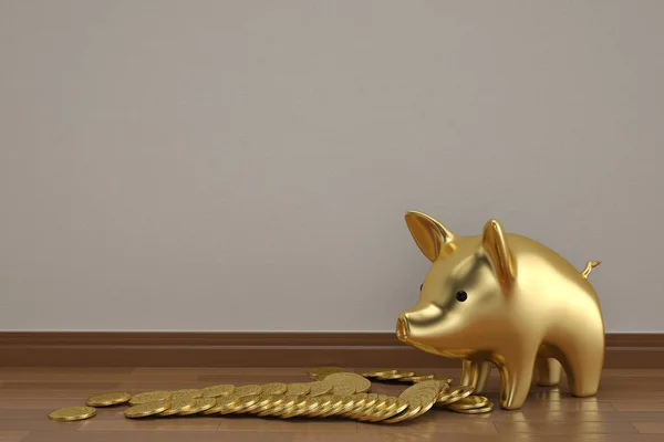 Gouden piggy en munten op houten vloer 3d illustratie. — Stockfoto