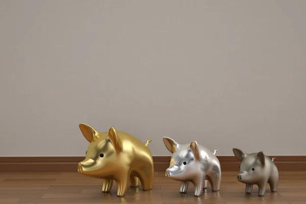 Three little pigs on wooden floor 3D illustration.