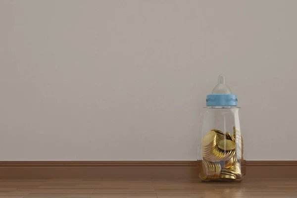 Золотые монеты в детской бутылочке на деревянном полу 3D иллюстрация . — стоковое фото