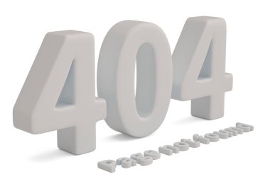 Beyaz arka plan üzerinde izole 404 hatası kelime. 3D çizim.