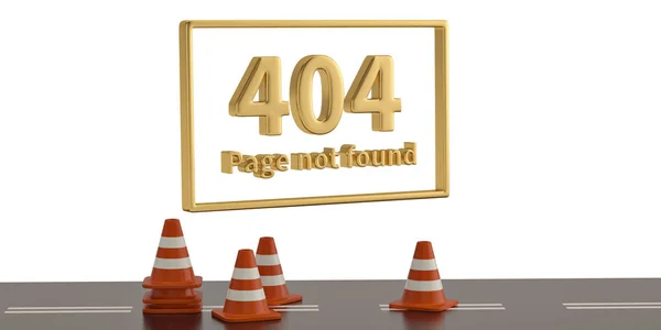404 conos de error y tráfico sobre un fondo blanco. Ilustraciones 3D — Foto de Stock