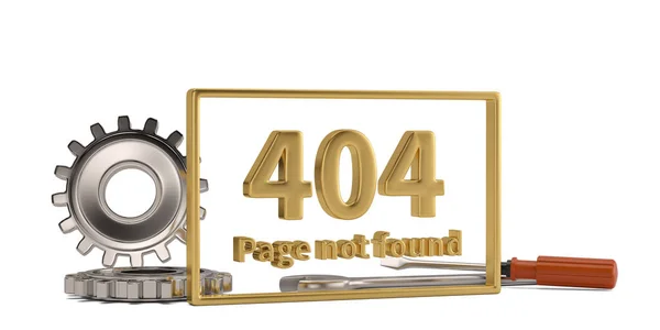 404 palabra de error y engranajes de acero aislados sobre fondo blanco. 3D — Foto de Stock