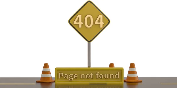 404 cones de erro e tráfego em um fundo branco. Ilustração 3D — Fotografia de Stock