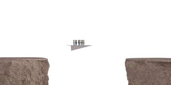 Μια ομάδα ανθρώπων σε χάρτινο αεροπλανάκι σε δύο βράχους. 3D illustrat — Φωτογραφία Αρχείου