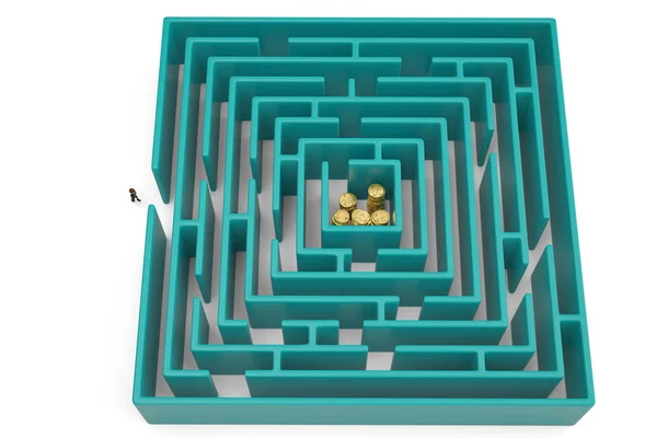 Pilhas de moedas de ouro no centro do labirinto. Ilustração 3D . — Fotografia de Stock