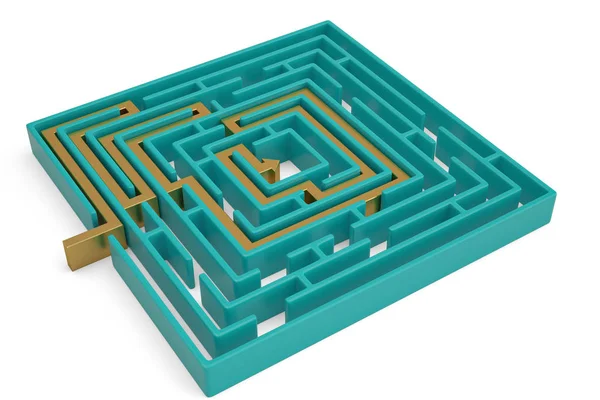 Maze en oplossing op witte achtergrond. 3D illustratie. — Stockfoto