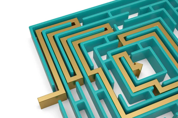 Maze en oplossing op witte achtergrond. 3D illustratie. — Stockfoto