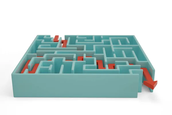 Maze en oplossing op witte achtergrond. 3D illustratie. — Stockfoto