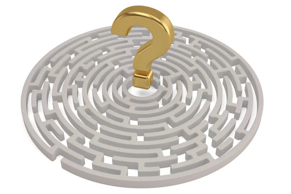 Un grande punto interrogativo dorato al centro del labirinto. Illustrazione 3D . — Foto Stock