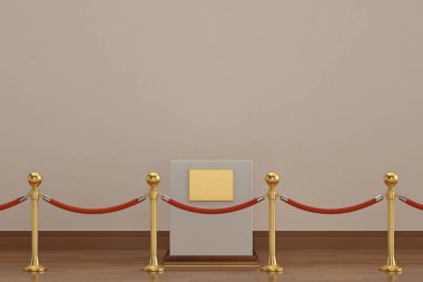 Ahşap zemin üzerinde ip bariyer ile boş bir vitrin. 3D illustrat