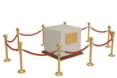 Beyaz arka plan üzerinde izole ip bariyer ile boş bir vitrin.