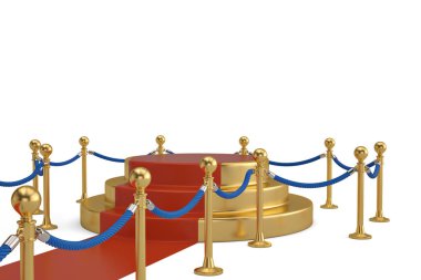 Kırmızı halı ve beyaz ba ipe bariyer ile altın yuvarlak podyum