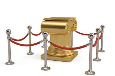 Beyaz arka plan üzerinde izole ip bariyer ile bir sergi ayağı.