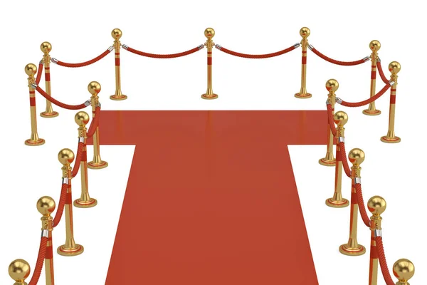 Röda mattan och barriär rep på vit bakgrund. 3D illustration — Stockfoto