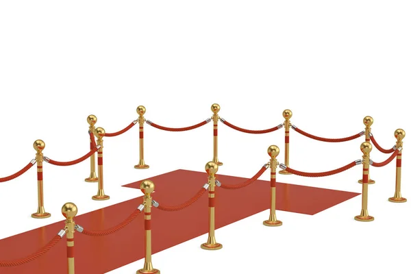 Red carpet en barrière touw op witte achtergrond. 3D illustratie — Stockfoto