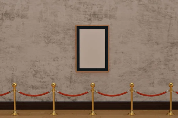 Un cadru de imagine din lemn pe perete cu bariere de frânghie. 3D illu — Fotografie, imagine de stoc