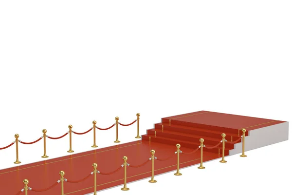 Tapis rouge et corde de barrière sur fond blanc. Illustration 3D — Photo