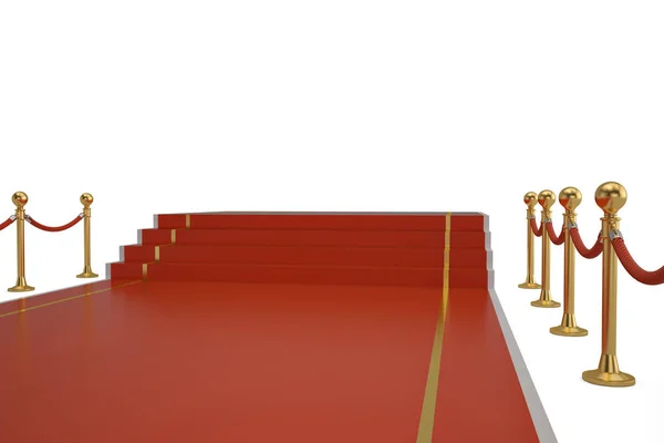 Tapis rouge et corde de barrière sur fond blanc. Illustration 3D — Photo