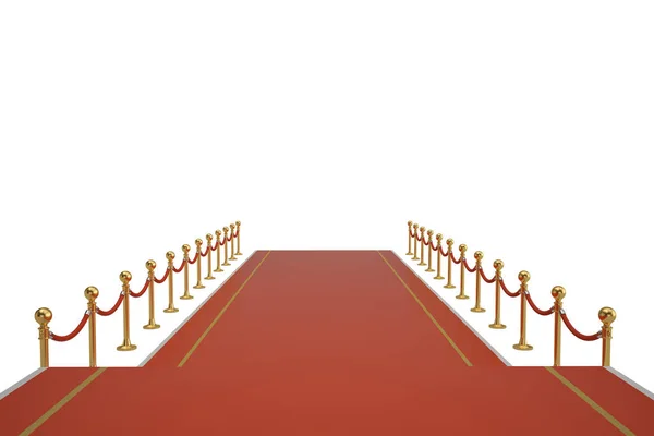 Tapis rouge et corde de barrière sur fond blanc. Illustration 3D — Photo