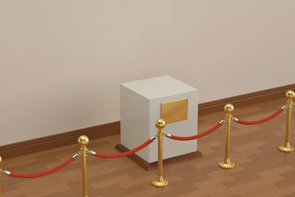 O vitrină goală cu barieră de frânghie pe podea din lemn. 3D ilstrat — Fotografie, imagine de stoc