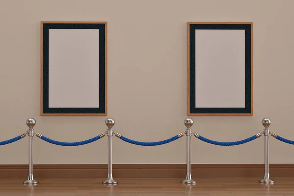 Two wooden picture frames on wall with stand rope barriers. 3D i