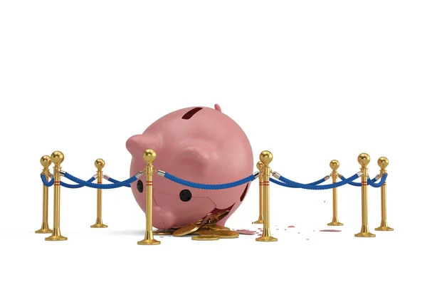 A broken pink piggy bank with rope barrier isolated on white bac — Stock Photo, Image