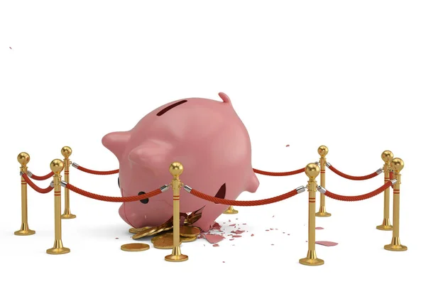 A broken pink piggy bank with rope barrier isolated on white bac — Stock Photo, Image