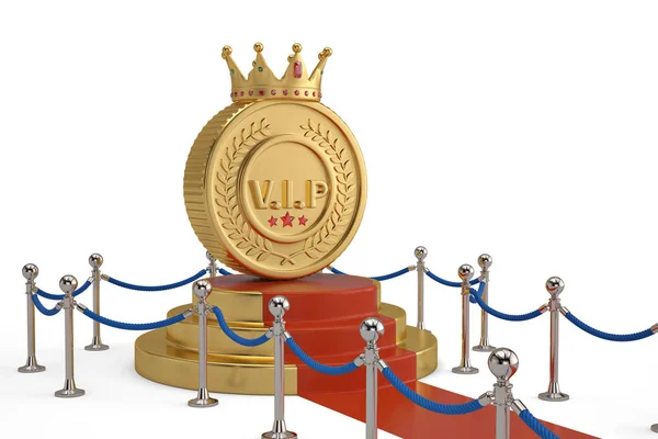 Grote VIP-gouden munt op podium met rode loper en barrière touw o — Stockfoto